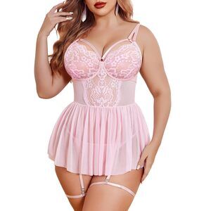 9508 Plus Size Lingerie Chemise Lace Babydoll Mesh Nightwear V Neck Sexy